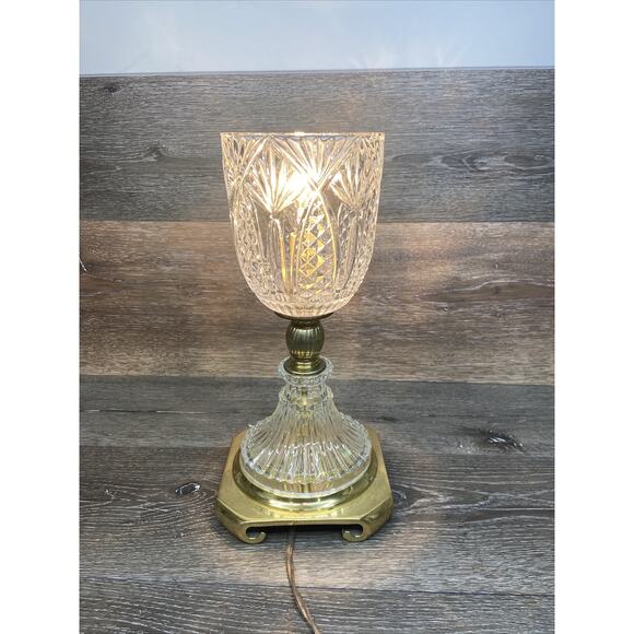 Vintage Crystal and Brass hurricane style electric table lamp 13.5” tall